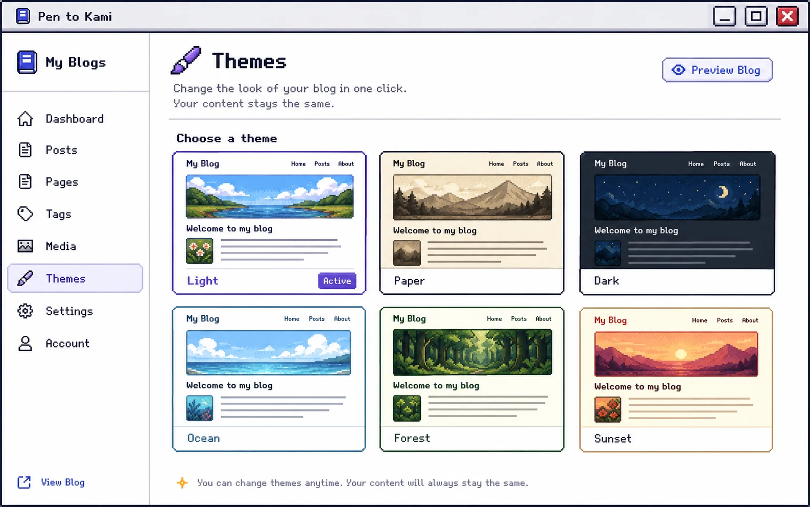 Eighty themes, live-previewed